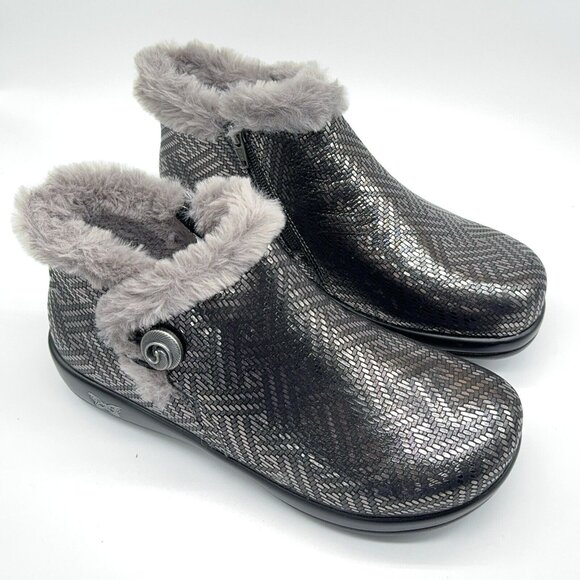 Alegria Leather Ankle Boots Meri Faux Fur Water Resistant Pewter Dazzler US 9 - Picture 2 of 10